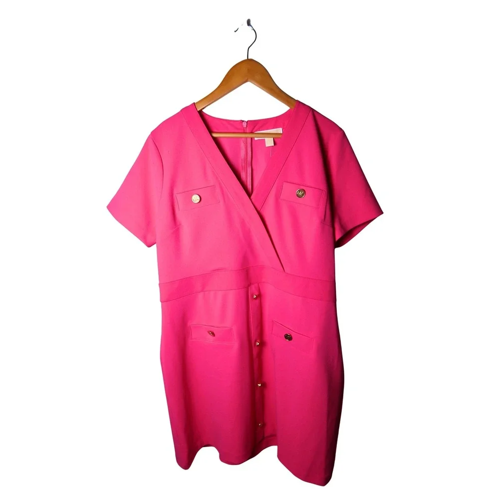 Michael Kors Pink Short Sleeve V-Neck Gold Button Sheath Dress Womens XL NWT